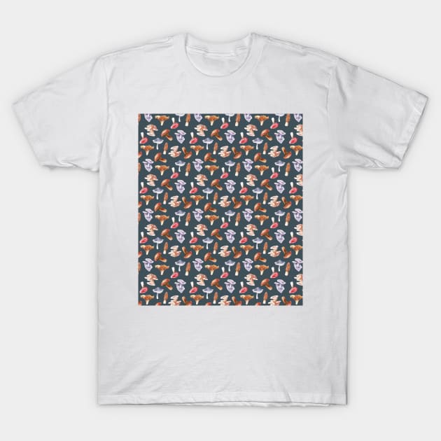 Mushroom Hunter Blue All Over Pattern T-Shirt by grumblebeedesign